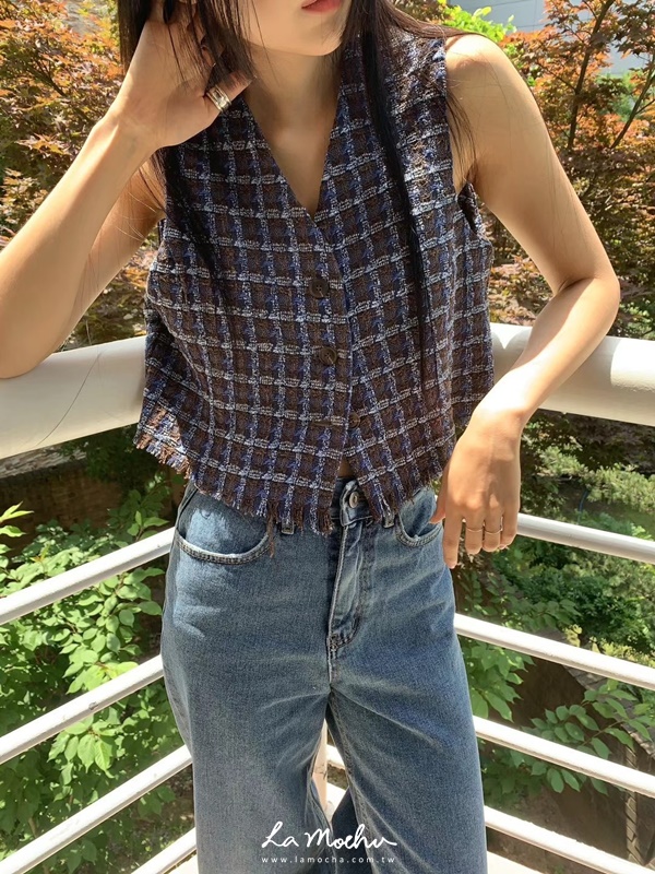 不收邊排釦小香格紋背心